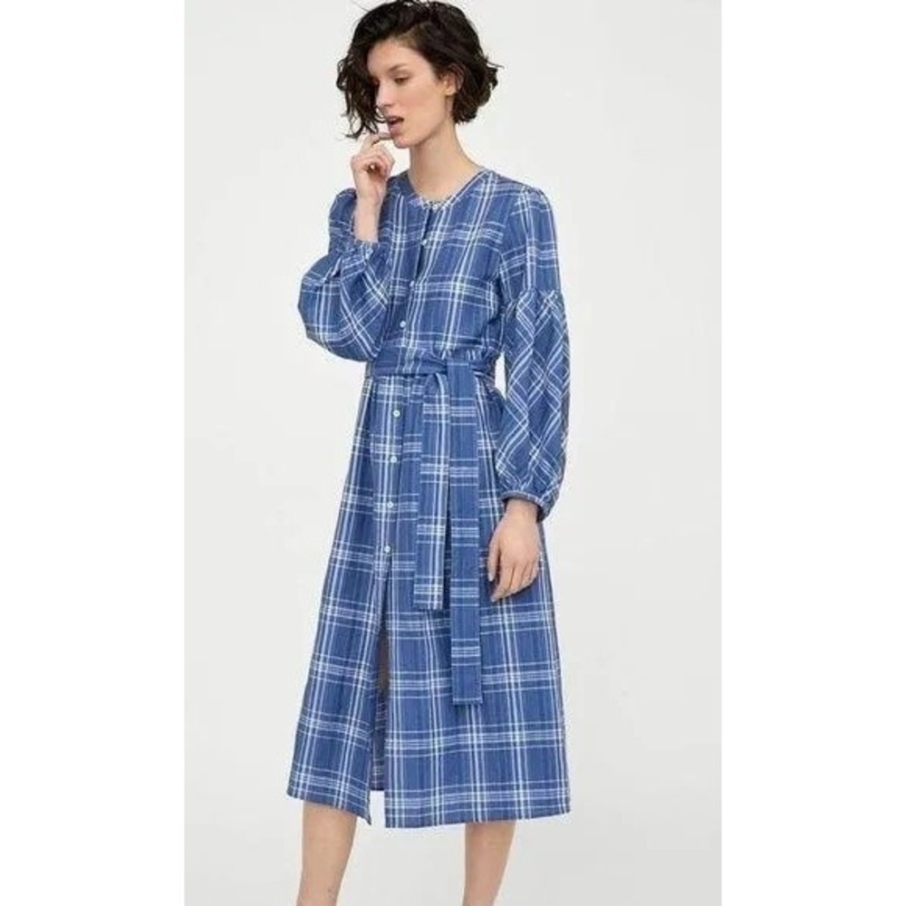Zara Blue White Plaid Puff Sleeve Linen Belted Cottagecore Midi Dress Size M